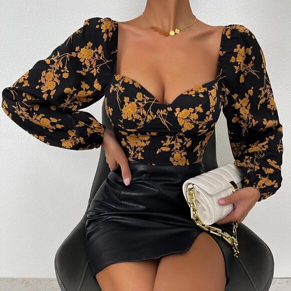 Tops - Multicolor Sexy Women's Floral Print Sweetheart Neck Lantern Sleeve Crop Blouse